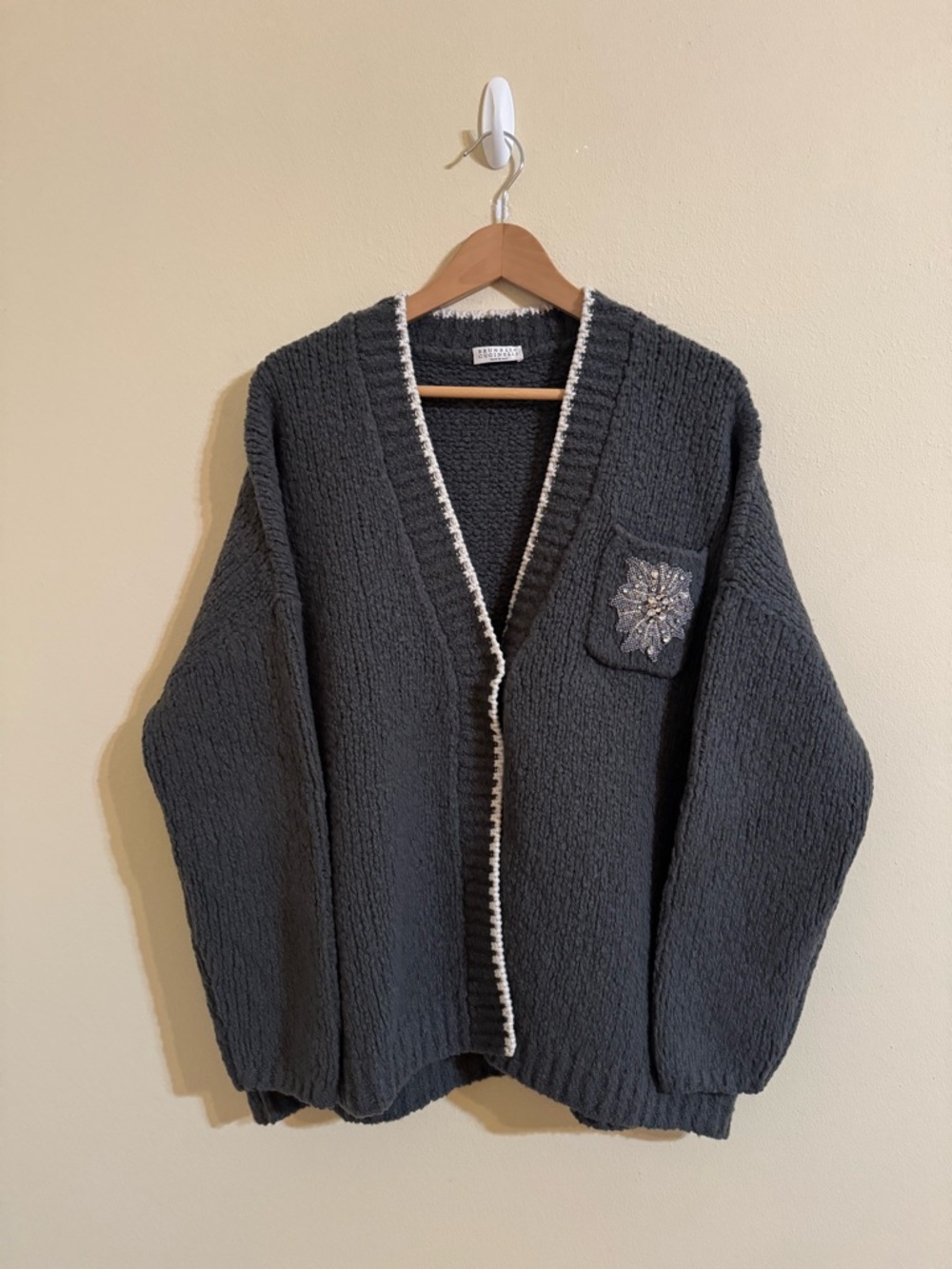 Brunello Cucinelli Crystal Nubby Wool Cardigan Sweater Swarovski Green Large
